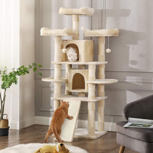 Škrabadlo Aura XL 172 cm, krémové – 6 poschodí, 2 domčeky, pre mačky do 15 kg