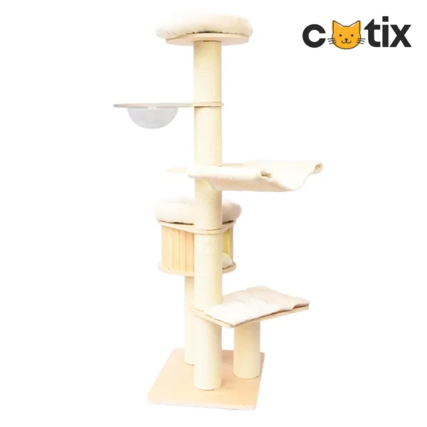 Masívne škrabadlo Rapunzel XXL 190 cm, krémové – stĺpy ⌀ 15 cm, priehľadná kupola