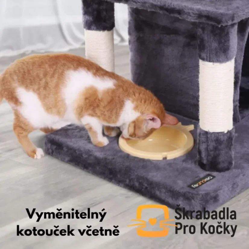 VÝPRODEJ Škrabadlo Felix, tm. šedé, 50x40x85 cm – 2 domečky a miska na granule