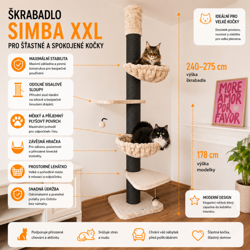 Škrabadlo do stropu Simba XXL, béžová, 57 × 57 × 240–275 cm