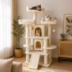 Škrabadlo Aura XL 172 cm, krémové – 6 pater, 2 domečky, pro kočky do 15 kg