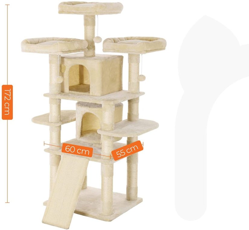 Škrabadlo Aura XL 172 cm, krémové – 6 poschodí, 2 domčeky, pre mačky do 15 kg