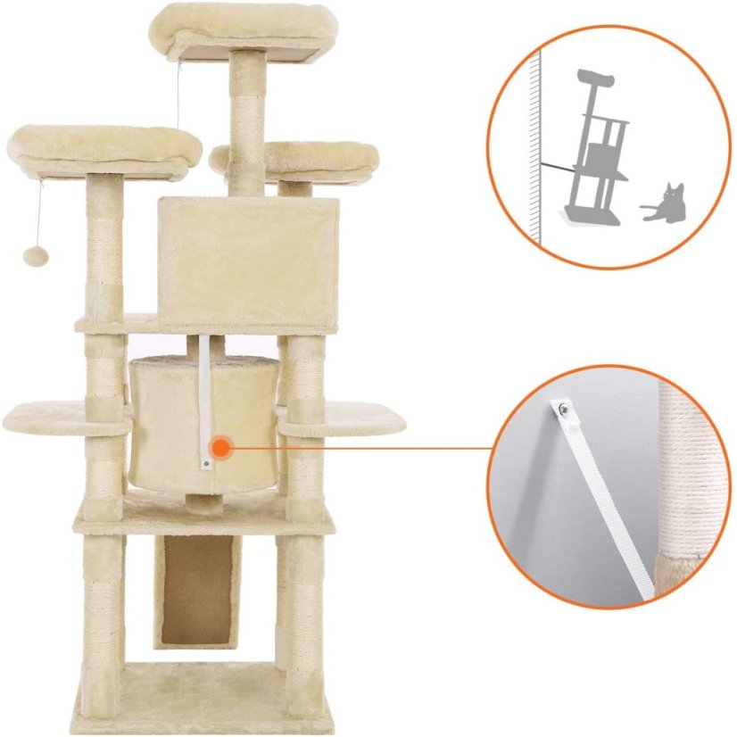 Škrabadlo Aura XL 172 cm, krémové – 6 poschodí, 2 domčeky, pre mačky do 15 kg