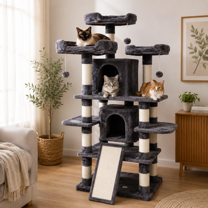 AKCE Škrabadlo Aura XL 172 cm, tm. šedé – 6 pater, 2 domečky, pro kočky do 15 kg