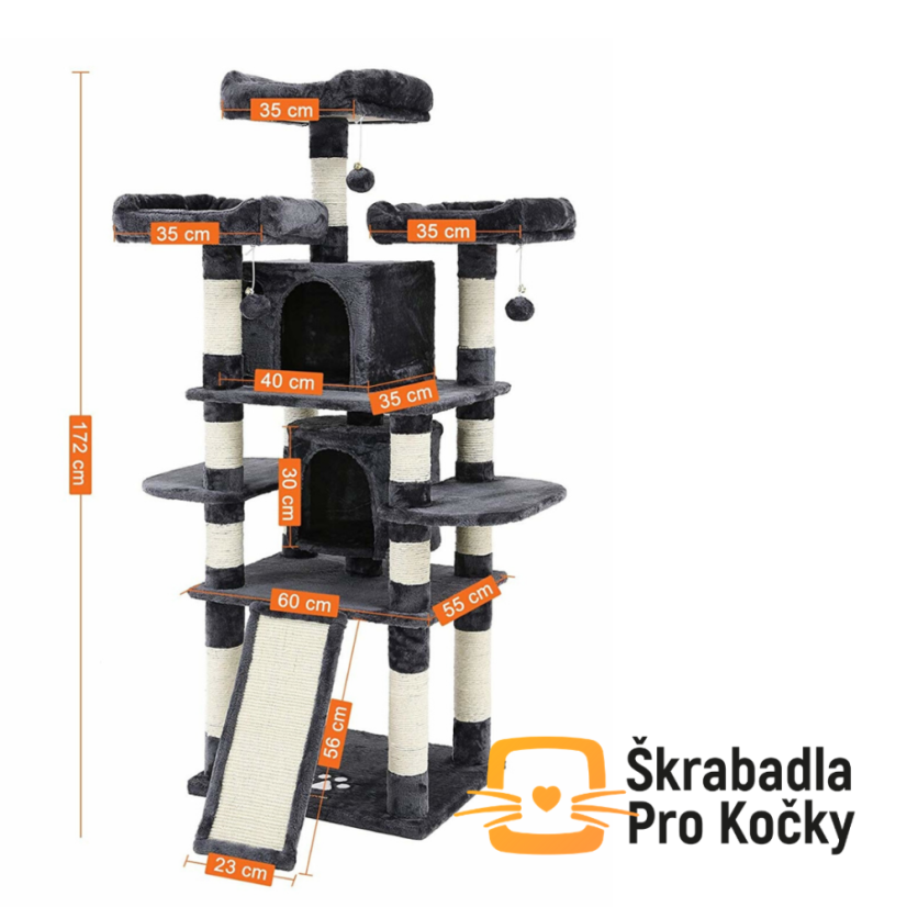 AKCE Škrabadlo Aura XL 172 cm, tm. šedé – 6 pater, 2 domečky, pro kočky do 15 kg