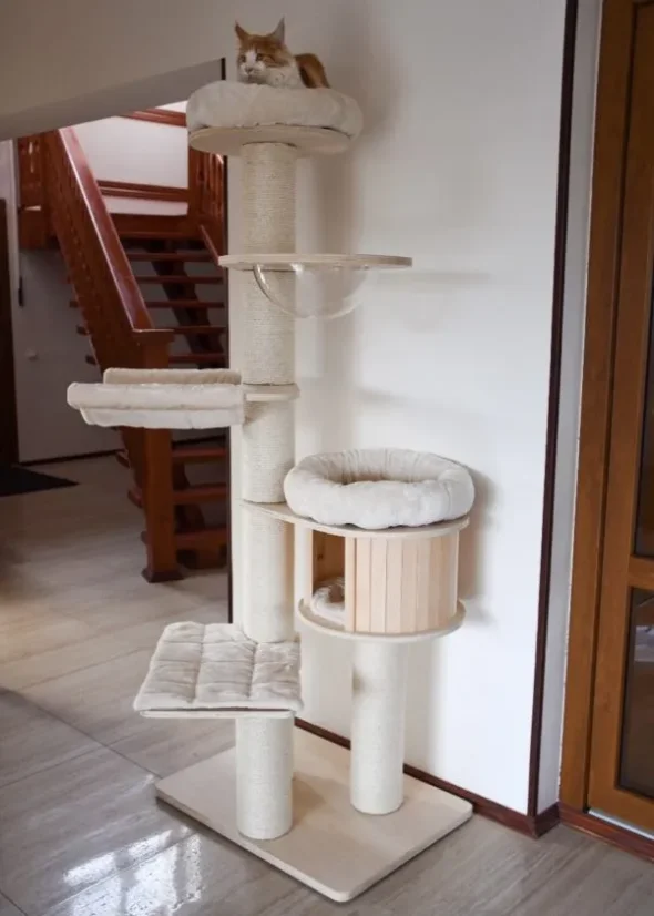 Masívne škrabadlo Rapunzel XXL 190 cm, krémové – stĺpy ⌀ 15 cm, priehľadná kupola